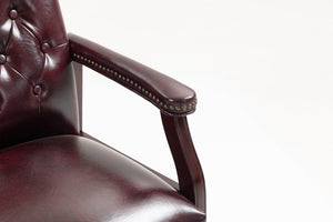 English Elm Leather Guest Chair Tufted Mahogany Wood Faux Upholstery Padded Executive Office Seating Burgundy W1333P488907