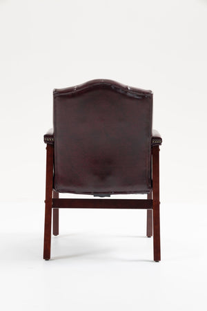 English Elm Leather Guest Chair Tufted Mahogany Wood Faux Upholstery Padded Executive Office Seating Burgundy W1333P488907