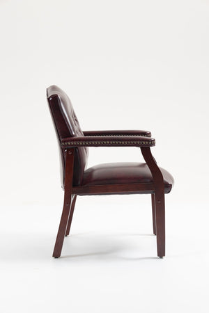 English Elm Leather Guest Chair Tufted Mahogany Wood Faux Upholstery Padded Executive Office Seating Burgundy W1333P488907