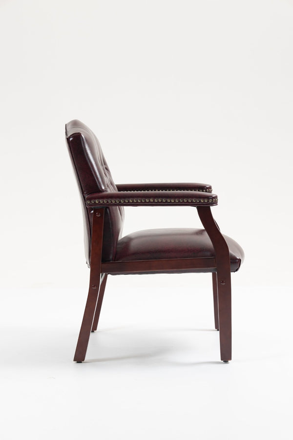English Elm Leather Guest Chair Tufted Mahogany Wood Faux Upholstery Padded Executive Office Seating Burgundy W1333P488907