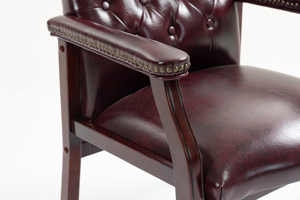 English Elm Leather Guest Chair Tufted Mahogany Wood Faux Upholstery Padded Executive Office Seating Burgundy W1333P488907