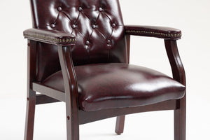 English Elm Leather Guest Chair Tufted Mahogany Wood Faux Upholstery Padded Executive Office Seating Burgundy W1333P488907