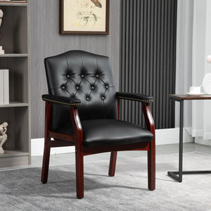 English Elm Leather Guest Chair Tufted Mahogany Wood Faux Upholstery Padded Executive Office Seating Black W1333P488910