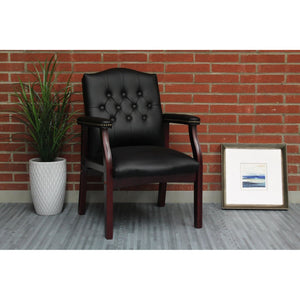 English Elm Leather Guest Chair Tufted Mahogany Wood Faux Upholstery Padded Executive Office Seating Black W1333P488910