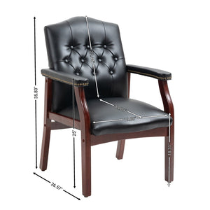 English Elm Leather Guest Chair Tufted Mahogany Wood Faux Upholstery Padded Executive Office Seating Black W1333P488910