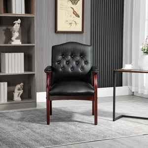 English Elm Leather Guest Chair Tufted Mahogany Wood Faux Upholstery Padded Executive Office Seating Black W1333P488910