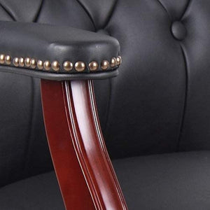 English Elm Leather Guest Chair Tufted Mahogany Wood Faux Upholstery Padded Executive Office Seating Black W1333P488910