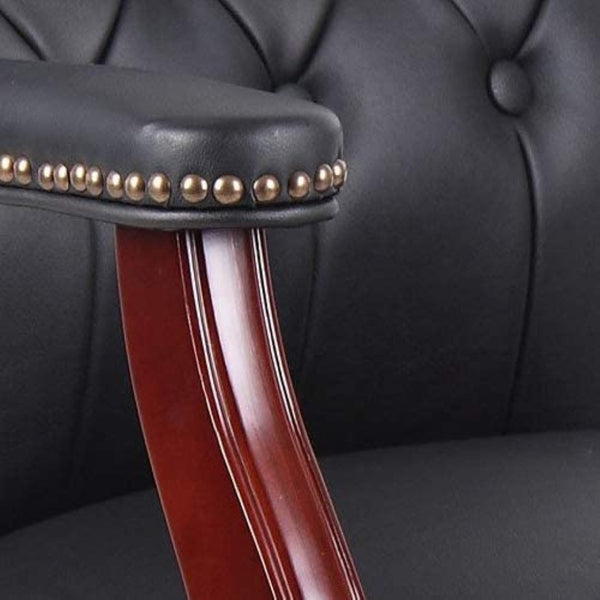 English Elm Leather Guest Chair Tufted Mahogany Wood Faux Upholstery Padded Executive Office Seating Black W1333P488910