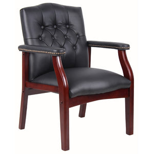 English Elm Leather Guest Chair Tufted Mahogany Wood Faux Upholstery Padded Executive Office Seating Black W1333P488910