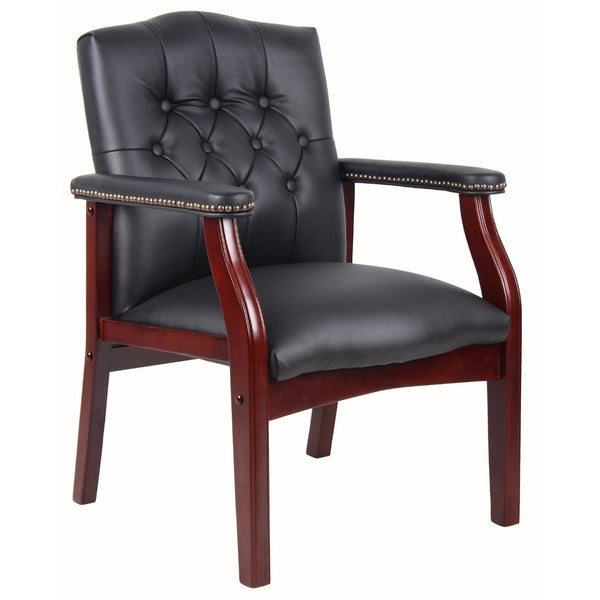 English Elm Leather Guest Chair Tufted Mahogany Wood Faux Upholstery Padded Executive Office Seating Black W1333P488910