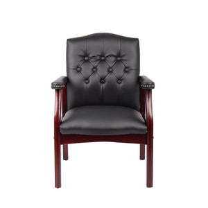 English Elm Leather Guest Chair Tufted Mahogany Wood Faux Upholstery Padded Executive Office Seating Black W1333P488910