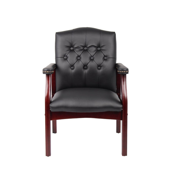 English Elm Leather Guest Chair Tufted Mahogany Wood Faux Upholstery Padded Executive Office Seating Black W1333P488910