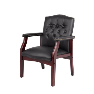 English Elm Leather Guest Chair Tufted Mahogany Wood Faux Upholstery Padded Executive Office Seating Black W1333P488910