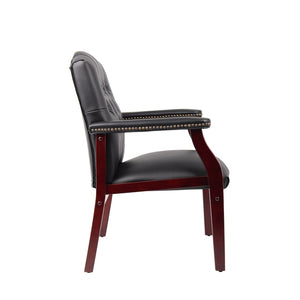 English Elm Leather Guest Chair Tufted Mahogany Wood Faux Upholstery Padded Executive Office Seating Black W1333P488910