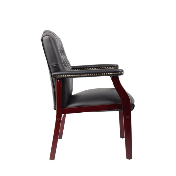 English Elm Leather Guest Chair Tufted Mahogany Wood Faux Upholstery Padded Executive Office Seating Black W1333P488910