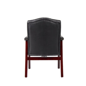 English Elm Leather Guest Chair Tufted Mahogany Wood Faux Upholstery Padded Executive Office Seating Black W1333P488910