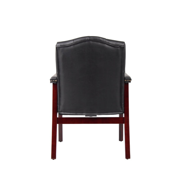English Elm Leather Guest Chair Tufted Mahogany Wood Faux Upholstery Padded Executive Office Seating Black W1333P488910