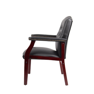 English Elm Leather Guest Chair Tufted Mahogany Wood Faux Upholstery Padded Executive Office Seating Black W1333P488910