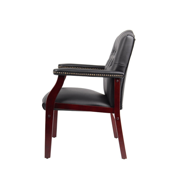 English Elm Leather Guest Chair Tufted Mahogany Wood Faux Upholstery Padded Executive Office Seating Black W1333P488910