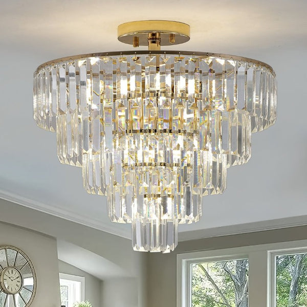 English Elm Same Five Tier K9 Crystal Semi Flush Chandelier French Gold Iron Foyer Ceiling Light W1340102252