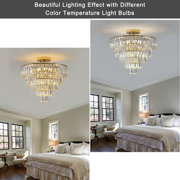English Elm Same Five Tier K9 Crystal Semi Flush Chandelier French Gold Iron Foyer Ceiling Light W1340102252