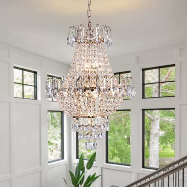 English Elm New K9 Crystal Sphere Tiered Chandelier Gold Frame Foyer Stairwell Statement Light W1340102270