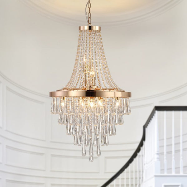 English Elm New Tiered K9 Crystal Chandelier Gold Frame Adjustable Drop for Foyer or Dining W1340102274