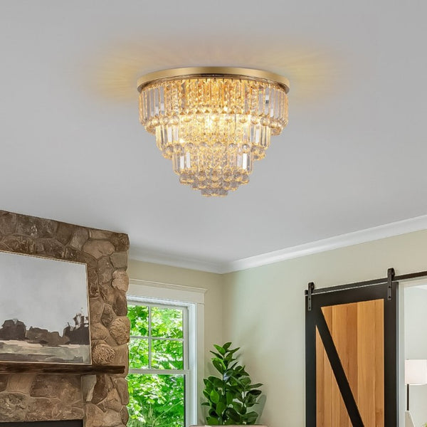 English Elm New K9 Crystal Flush Mount Chandelier Gold Iron Frame 6 Light Glam Ceiling Fixture W1340110372