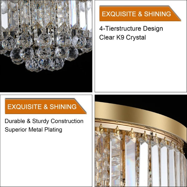 English Elm New K9 Crystal Flush Mount Chandelier Gold Iron Frame 6 Light Glam Ceiling Fixture W1340110372