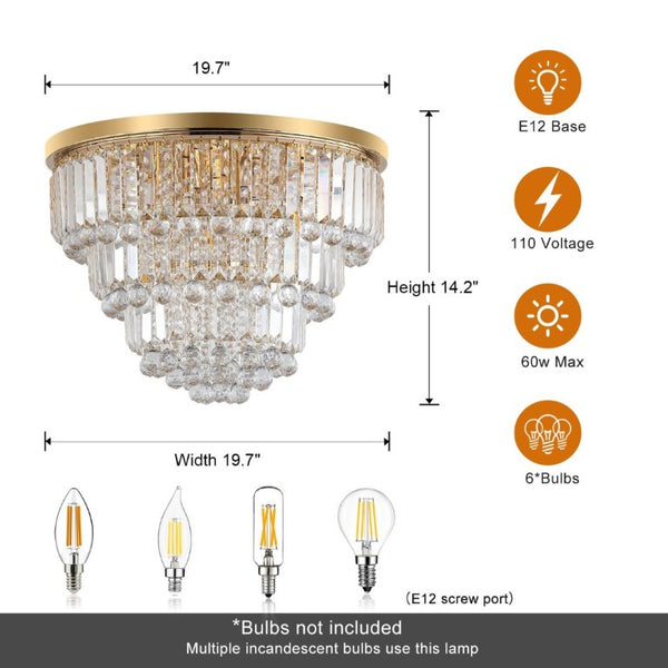 English Elm New K9 Crystal Flush Mount Chandelier Gold Iron Frame 6 Light Glam Ceiling Fixture W1340110372