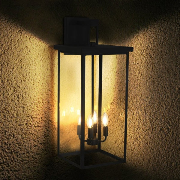 English Elm 4-Light Outdoor Wall Sconce Wrought Iron Lantern with Frosted Glass Farmhouse Porch W1340119953