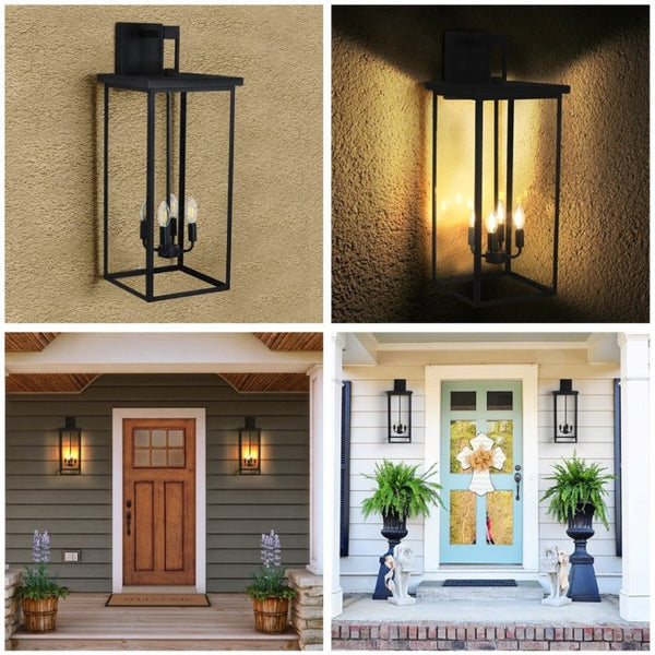 English Elm 4-Light Outdoor Wall Sconce Wrought Iron Lantern with Frosted Glass Farmhouse Porch W1340119953