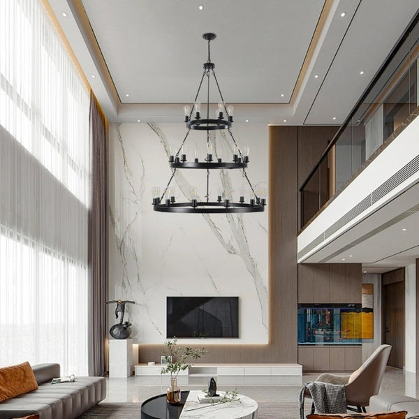 English Elm New 27 Bulb Matte Black Metal Ring Chandelier Industrial Modern Dining Room Pendant W1340119961