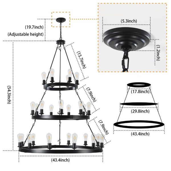 English Elm New 27 Bulb Matte Black Metal Ring Chandelier Industrial Modern Dining Room Pendant W1340119961