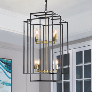 English Elm New Eight Light Matte Black Chandelier with Gold Base for Dining Foyer Kitchen W1340142524