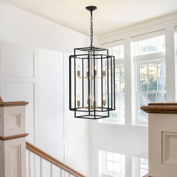 English Elm New Eight Light Matte Black Chandelier with Gold Base for Dining Foyer Kitchen W1340142524