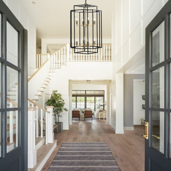 English Elm New Eight Light Matte Black Chandelier with Gold Base for Dining Foyer Kitchen W1340142524