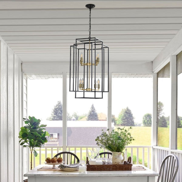 English Elm New Eight Light Matte Black Chandelier with Gold Base for Dining Foyer Kitchen W1340142524