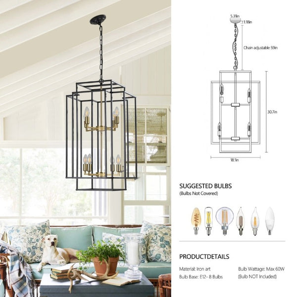 English Elm New Eight Light Matte Black Chandelier with Gold Base for Dining Foyer Kitchen W1340142524