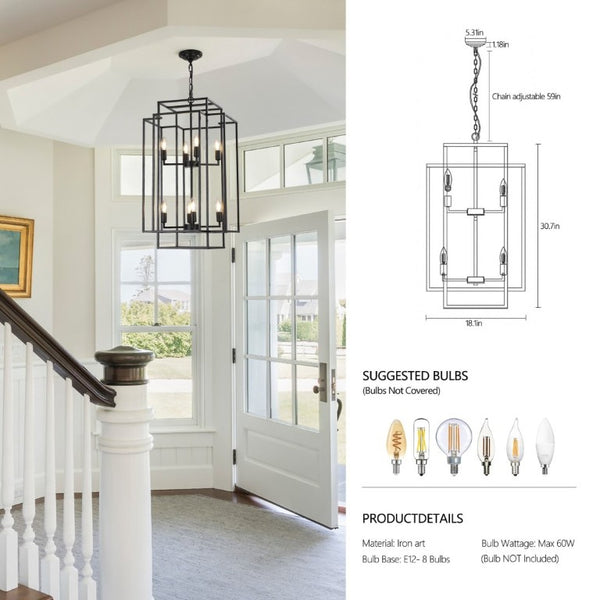English Elm New Eight Light Matte Black Geometric Chandelier for Dining Rooms and Foyers W1340142527