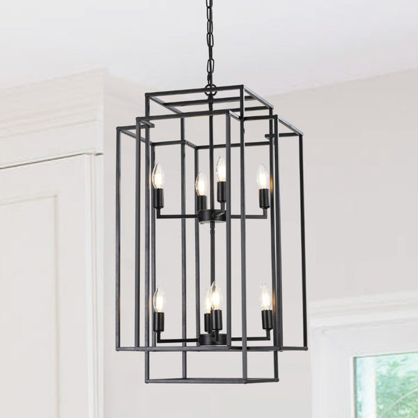 English Elm New Eight Light Matte Black Geometric Chandelier for Dining Rooms and Foyers W1340142527