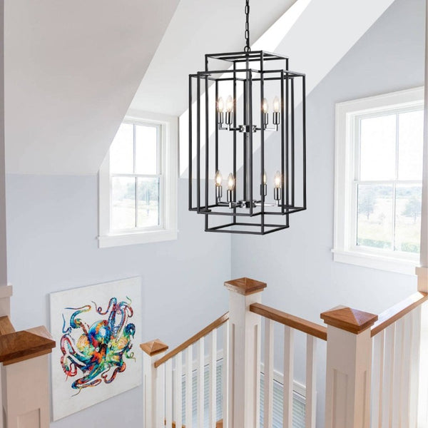 English Elm New Eight Light Matte Black Geometric Chandelier for Dining Rooms and Foyers W1340142527