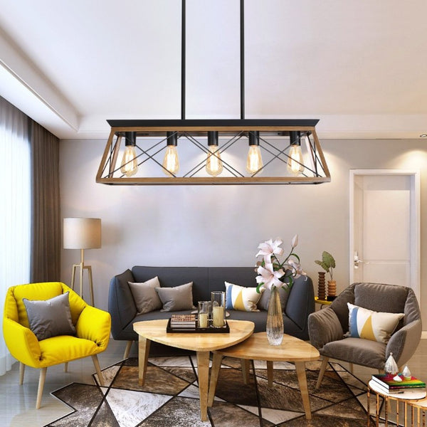 English Elm New Walnut Steel Cage Chandelier Five Socket Industrial Pendant for Dining and Kitchen W134067498