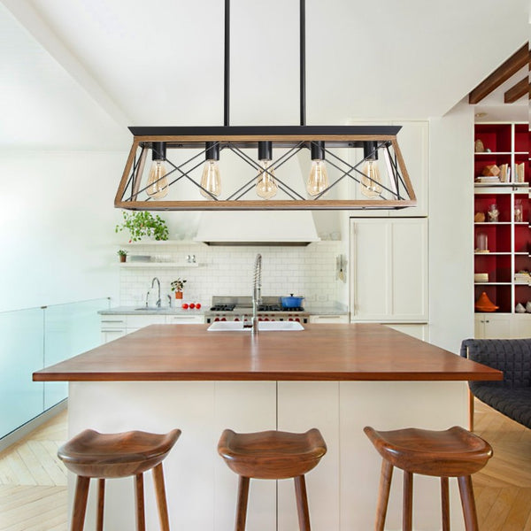 English Elm New Walnut Steel Cage Chandelier Five Socket Industrial Pendant for Dining and Kitchen W134067498