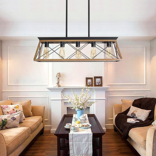English Elm New Walnut Steel Cage Chandelier Five Socket Industrial Pendant for Dining and Kitchen W134067498