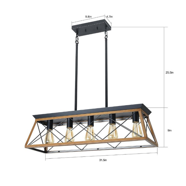 English Elm New Walnut Steel Cage Chandelier Five Socket Industrial Pendant for Dining and Kitchen W134067498
