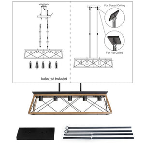 English Elm New Walnut Steel Cage Chandelier Five Socket Industrial Pendant for Dining and Kitchen W134067498