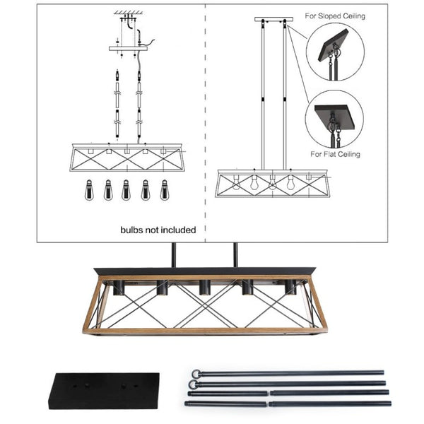 English Elm New Walnut Steel Cage Chandelier Five Socket Industrial Pendant for Dining and Kitchen W134067498