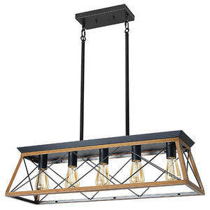 English Elm New Walnut Steel Cage Chandelier Five Socket Industrial Pendant for Dining and Kitchen W134067498