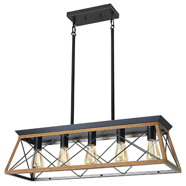 English Elm New Walnut Steel Cage Chandelier Five Socket Industrial Pendant for Dining and Kitchen W134067498